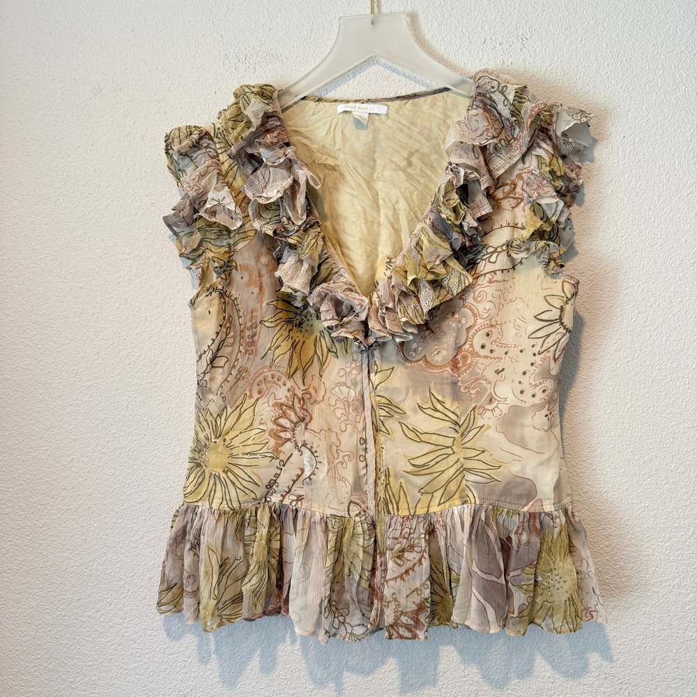 Think Tank Womens Floral Paisley Ruffle V-Neck Peplum Sleeveless Blouse Beige M